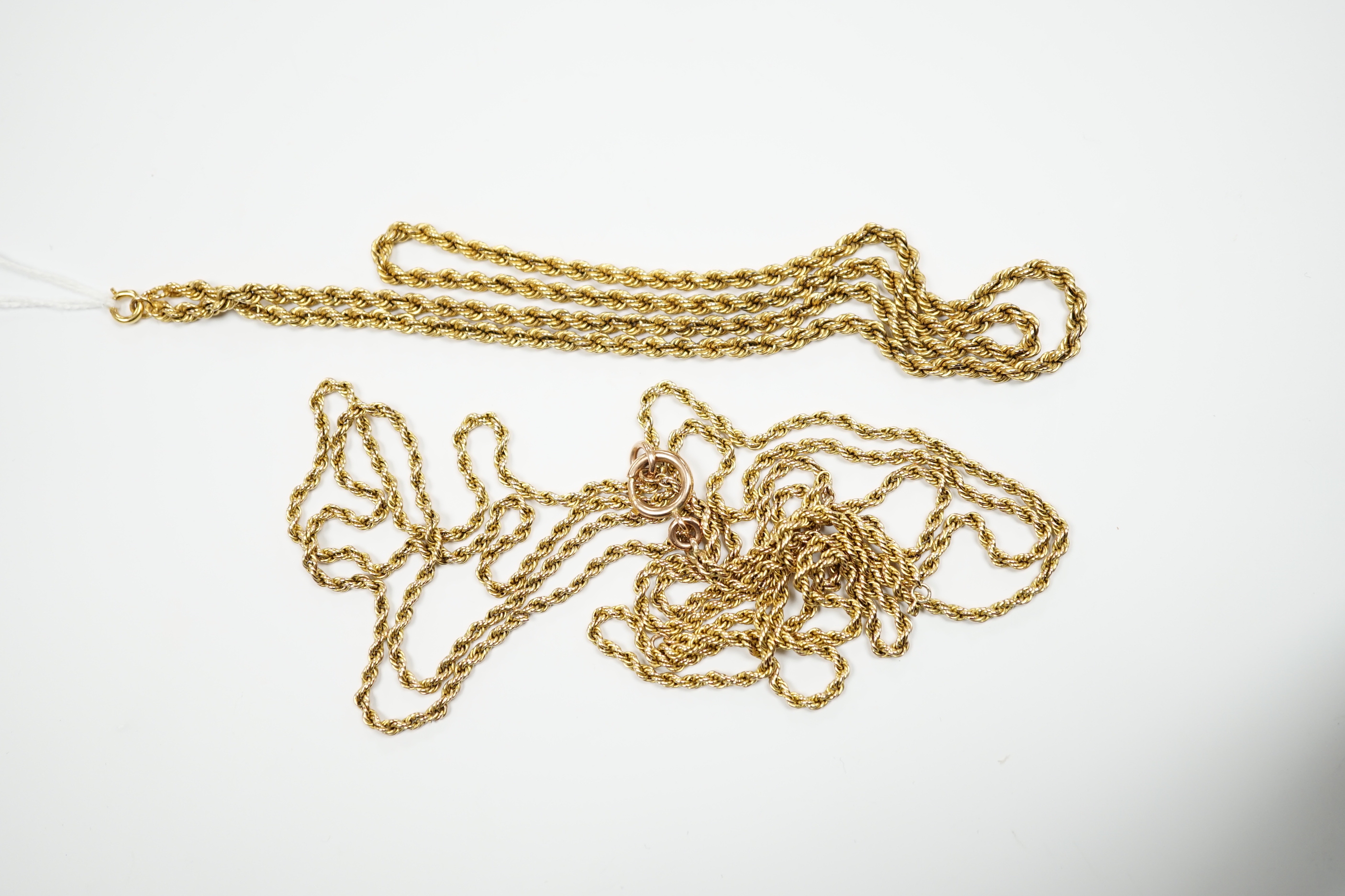 Two modern 9ct rope twist chains, the longest a.f., 144cm, gross 26.4 grams.